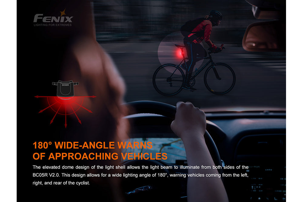 Fenix BC05R V2.0 Rechargeable Bicycle Tail Light | 180° Wide-Angle | IP66 | USB-C
