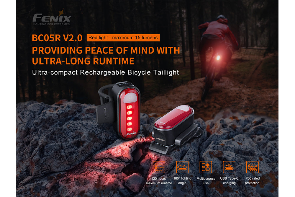 Fenix BC05R V2.0 Rechargeable Bicycle Tail Light | 180° Wide-Angle | IP66 | USB-C