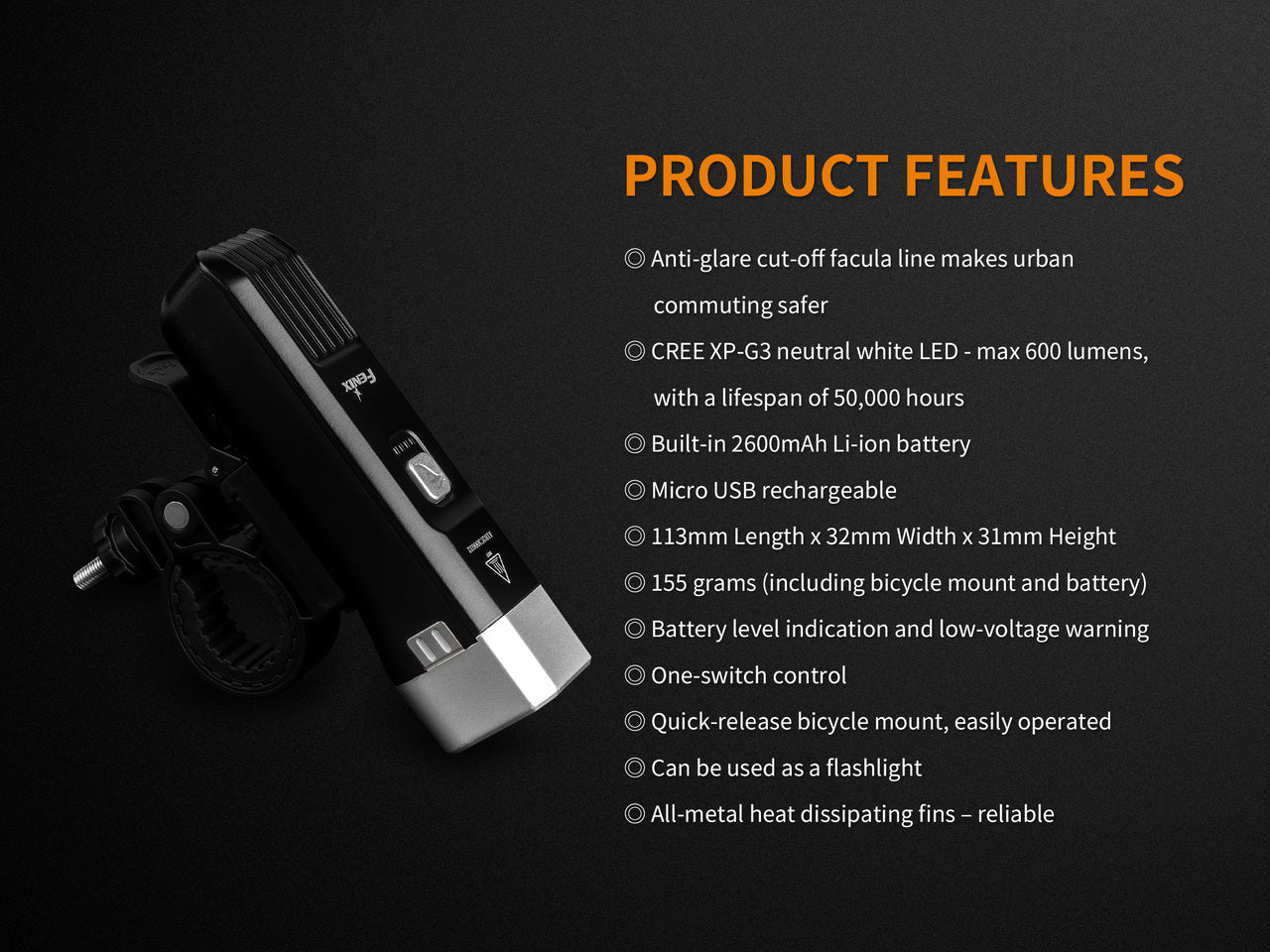 Fenix BC25R LED Bike Light | 600 Lumens | Anti-Glare | IP66 | 2600mAh Battery