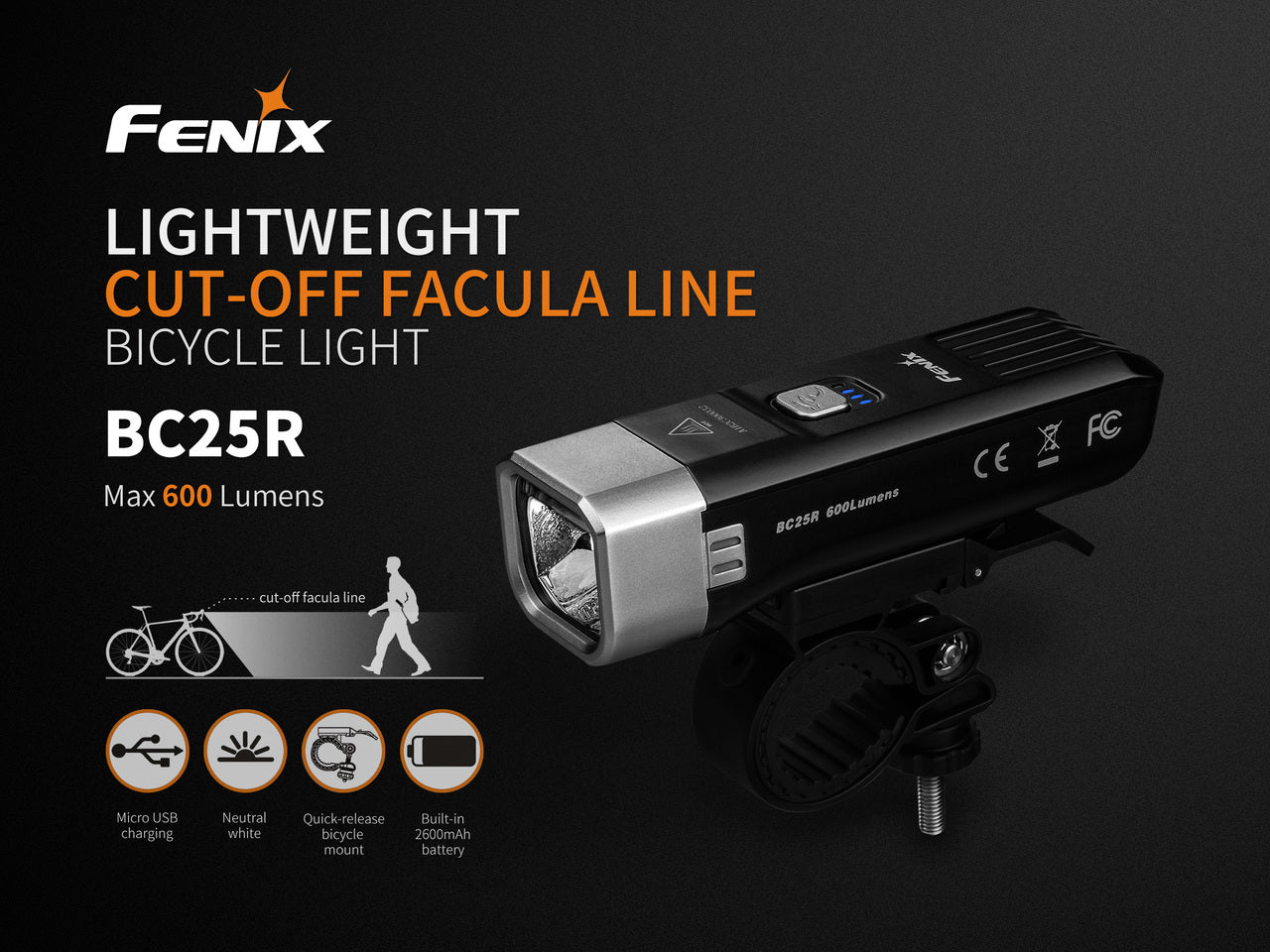 Fenix BC25R LED Bike Light | 600 Lumens | Anti-Glare | IP66 | 2600mAh Battery