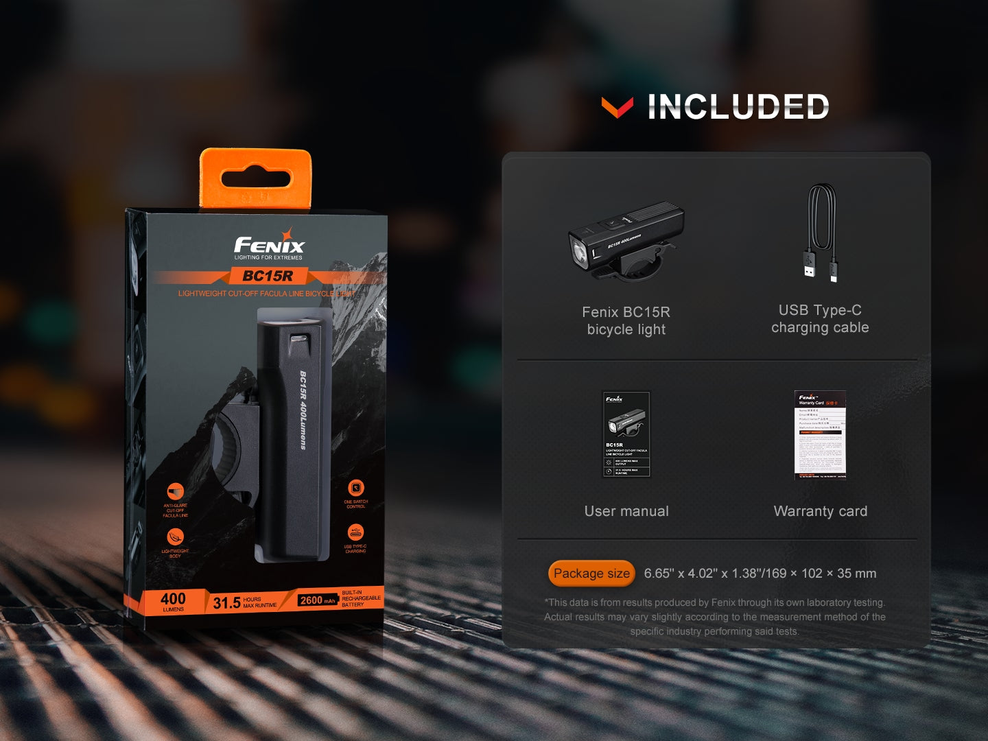 Fenix BC15R Rechargeable Bike Light | 400 Lumens | 31.5-Hour | 109g | IP66