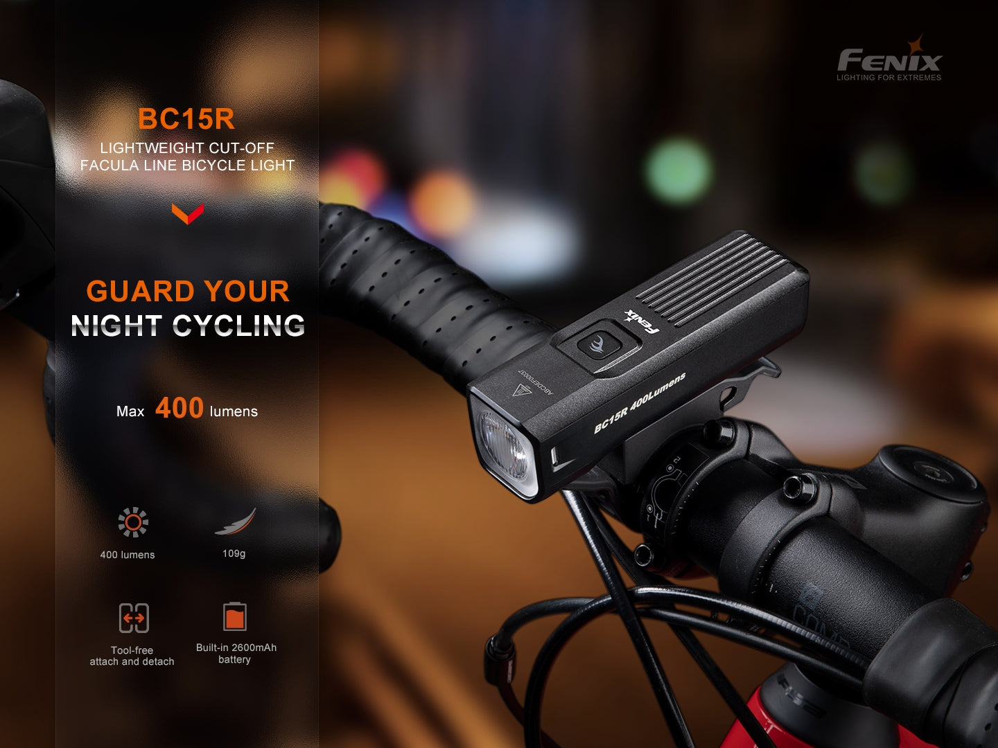 Fenix BC15R Rechargeable Bike Light | 400 Lumens | 31.5-Hour | 109g | IP66