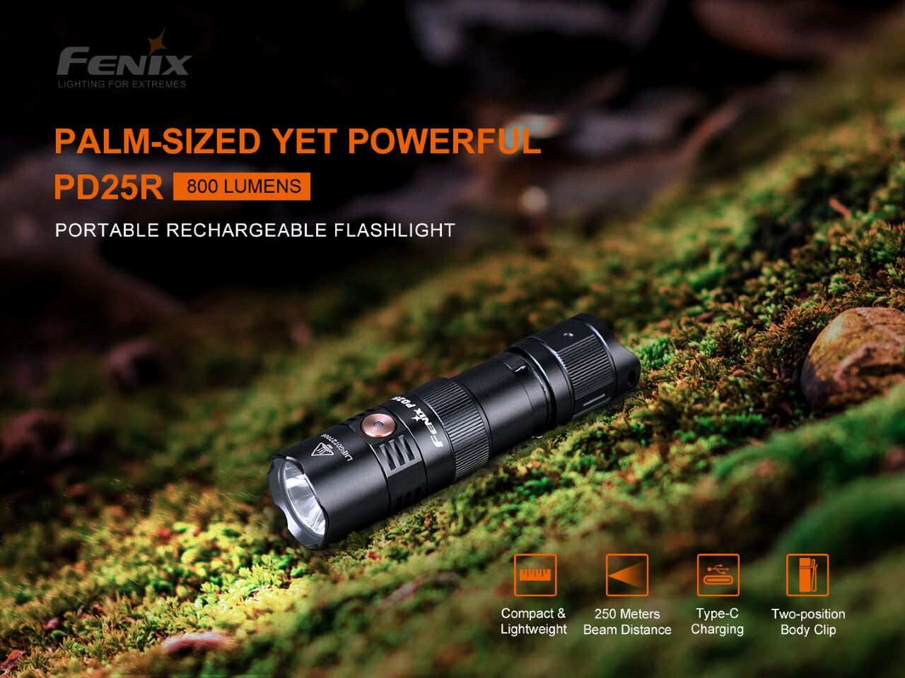 Fenix PD25R Rechargeable EDC Flashlight | 800 Lumens | 250m | IP68 | USB-C