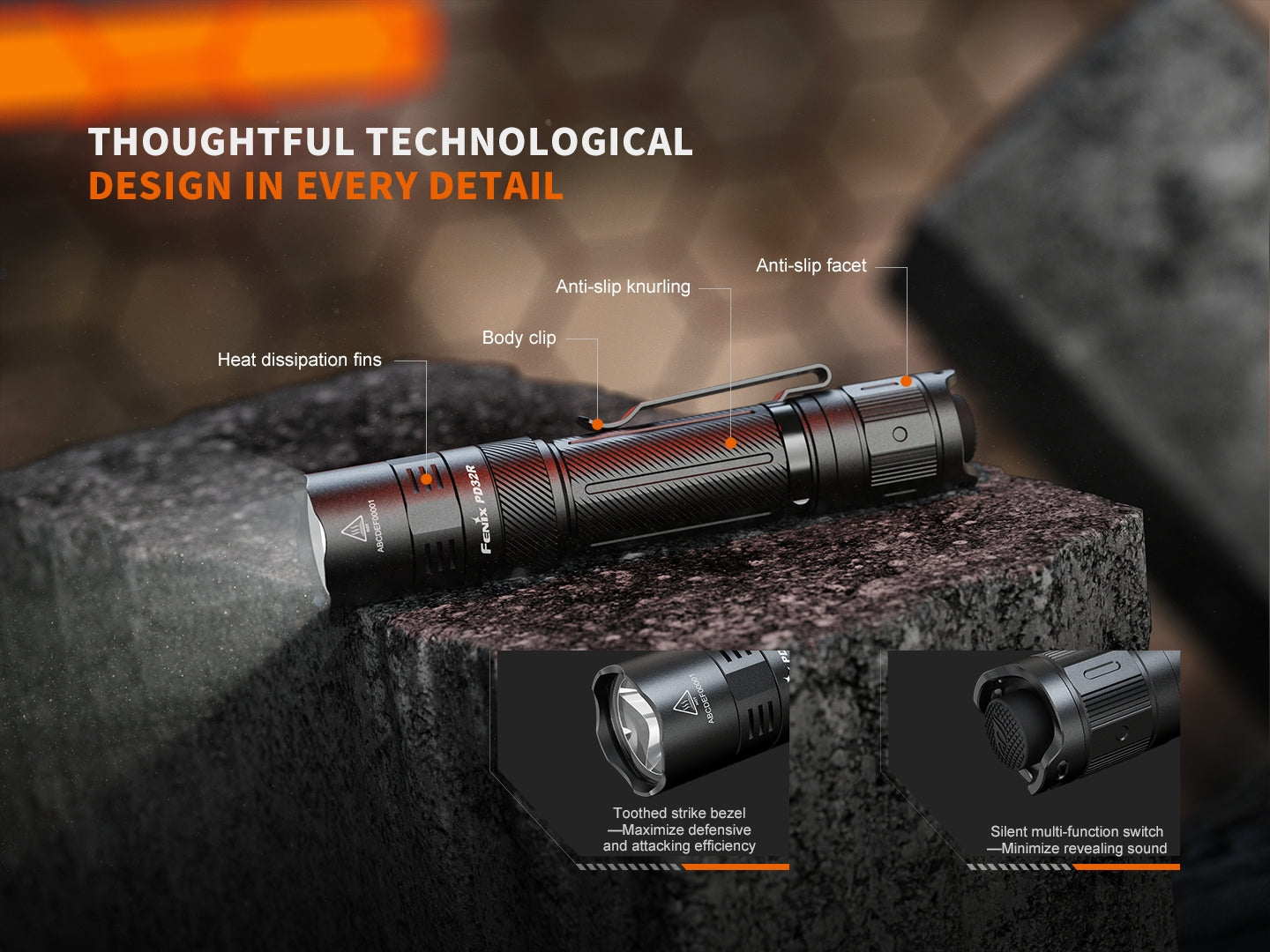 Fenix PD32R Rechargeable Flashlight | 1400 Lumens | Silent Switch | IP68 | USB-C
