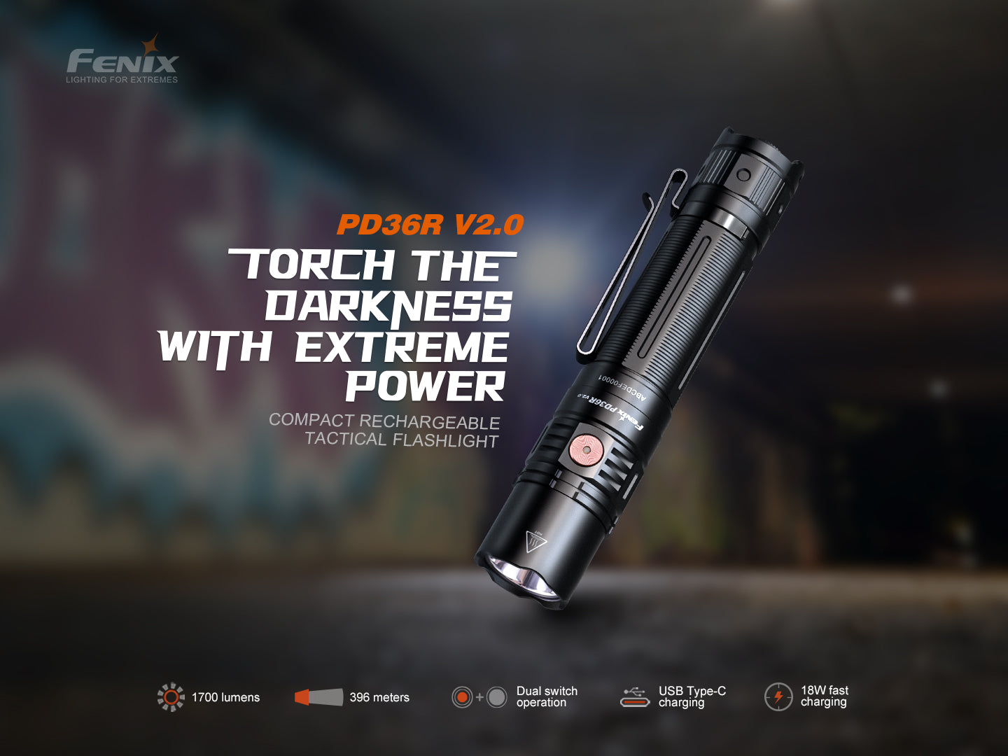 Fenix PD36R V2 Compact Rechargeable Tactical Flashlight | 1700 Lumens | 396m | IP68