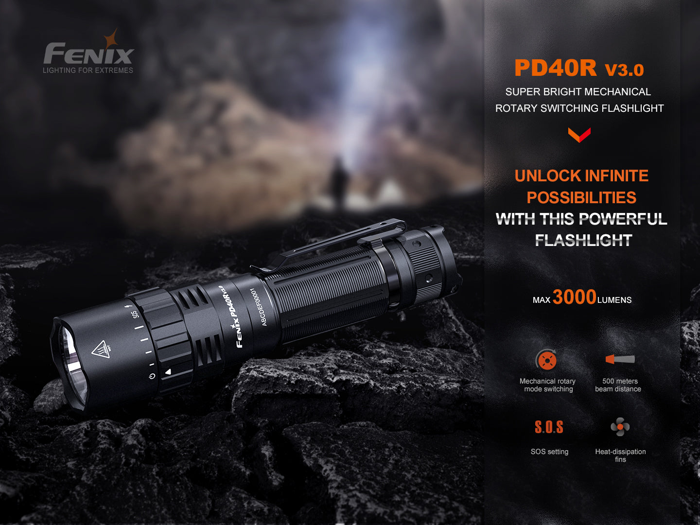Fenix PD40R V3 Rechargeable Flashlight | 3000 Lumens | 500m | IP68