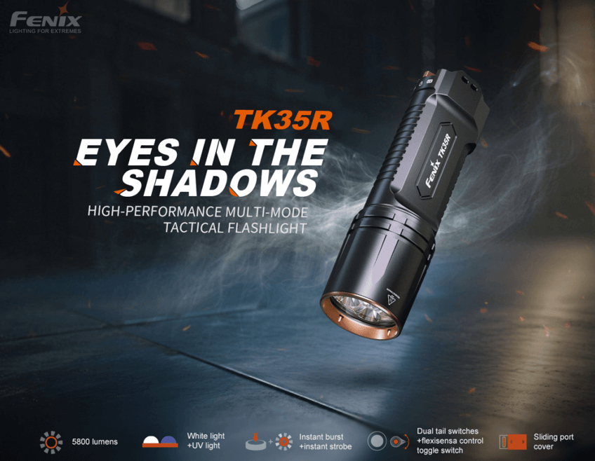 Fenix TK35R UV Tactical Flashlight | 5800 Lumens | 610m | Dual UV | USB-C | IP68