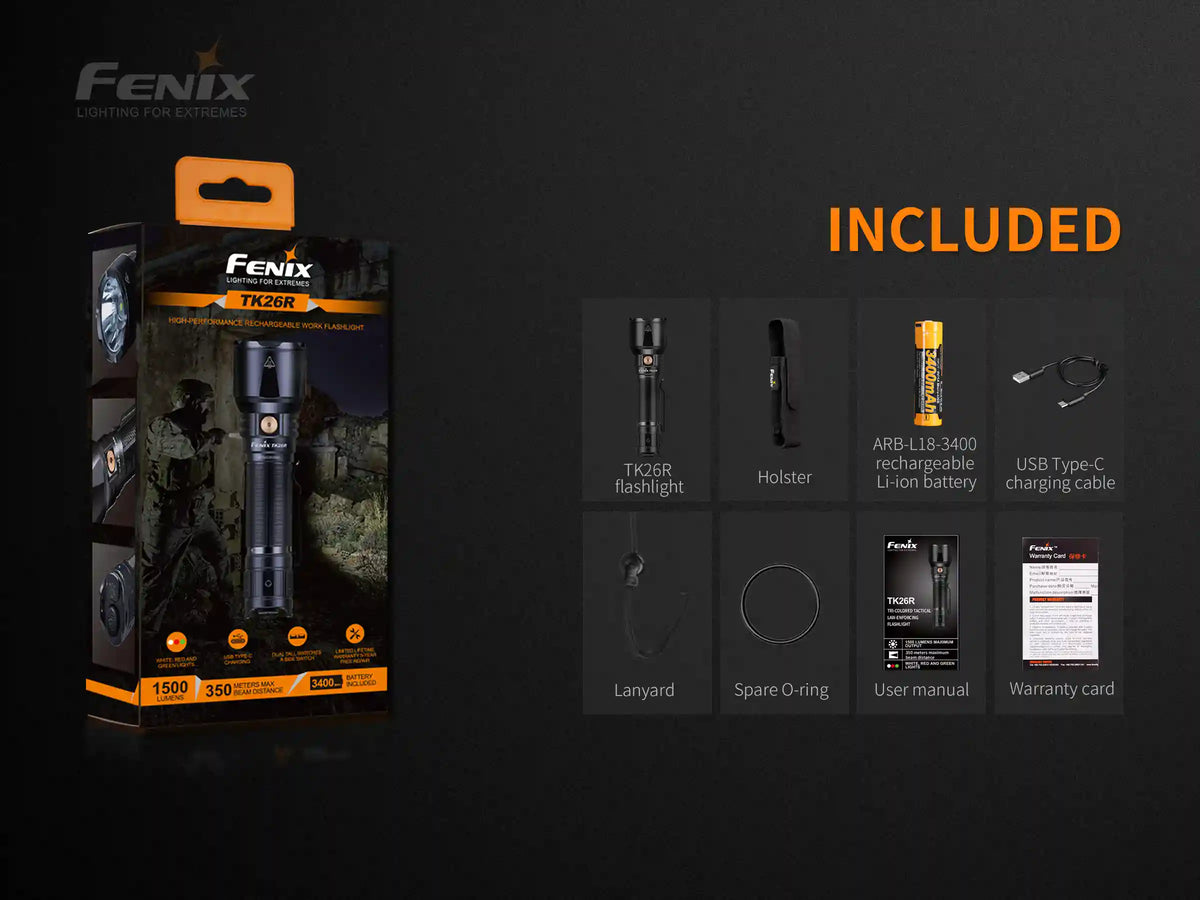 Fenix TK26R Tactical LED Flashlight | 1500 Lumens | White, Green & Red | IP68