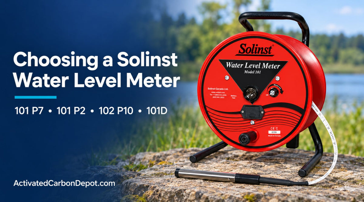 Water level meter beside a monitoring well, illustrating a Solinst meter selection guide.