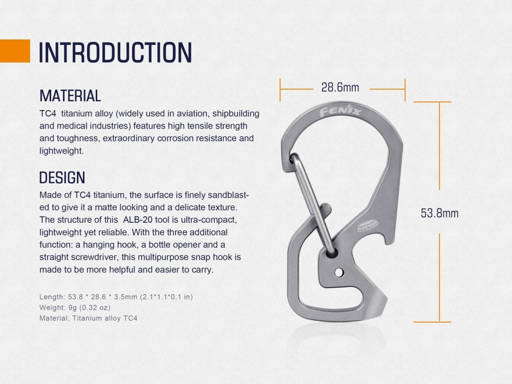 Fenix ALB-20 Multi-Purpose Snap Hook | TC4 Titanium | Bottle Opener & Screwdriver