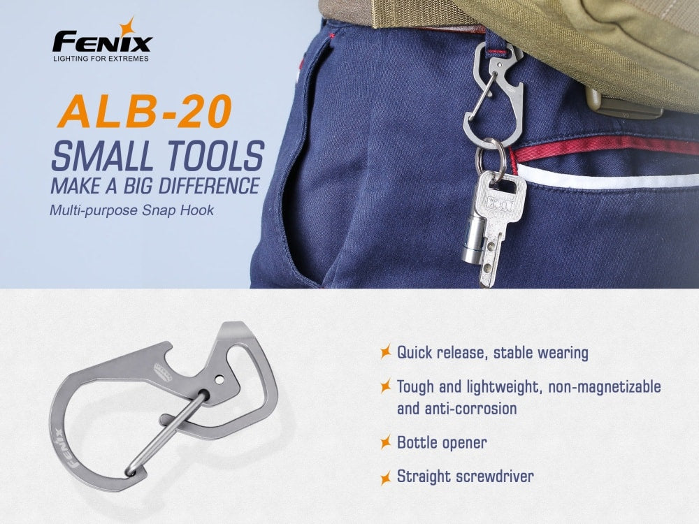Fenix ALB-20 Multi-Purpose Snap Hook | TC4 Titanium | Bottle Opener & Screwdriver