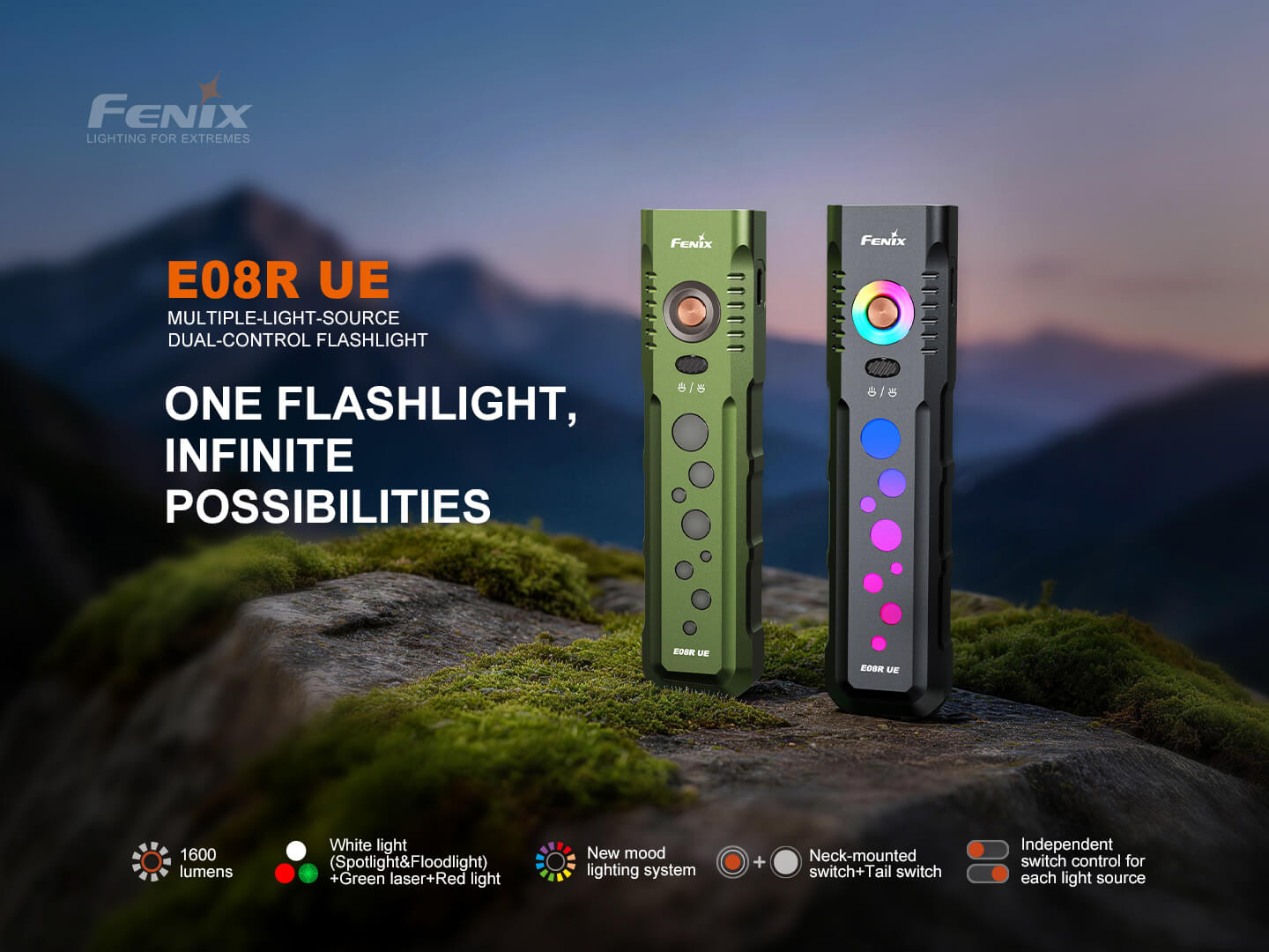 Fenix E08R UE Multi-Light EDC Flashlight | 1600 Lumens | Green Laser | Red Light | IP66