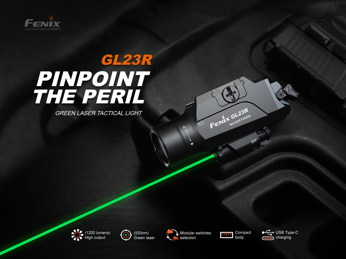 Fenix GL23R Green Laser Tactical Pistol Light | 1200 Lumens | 520nm | IP66 | USB-C