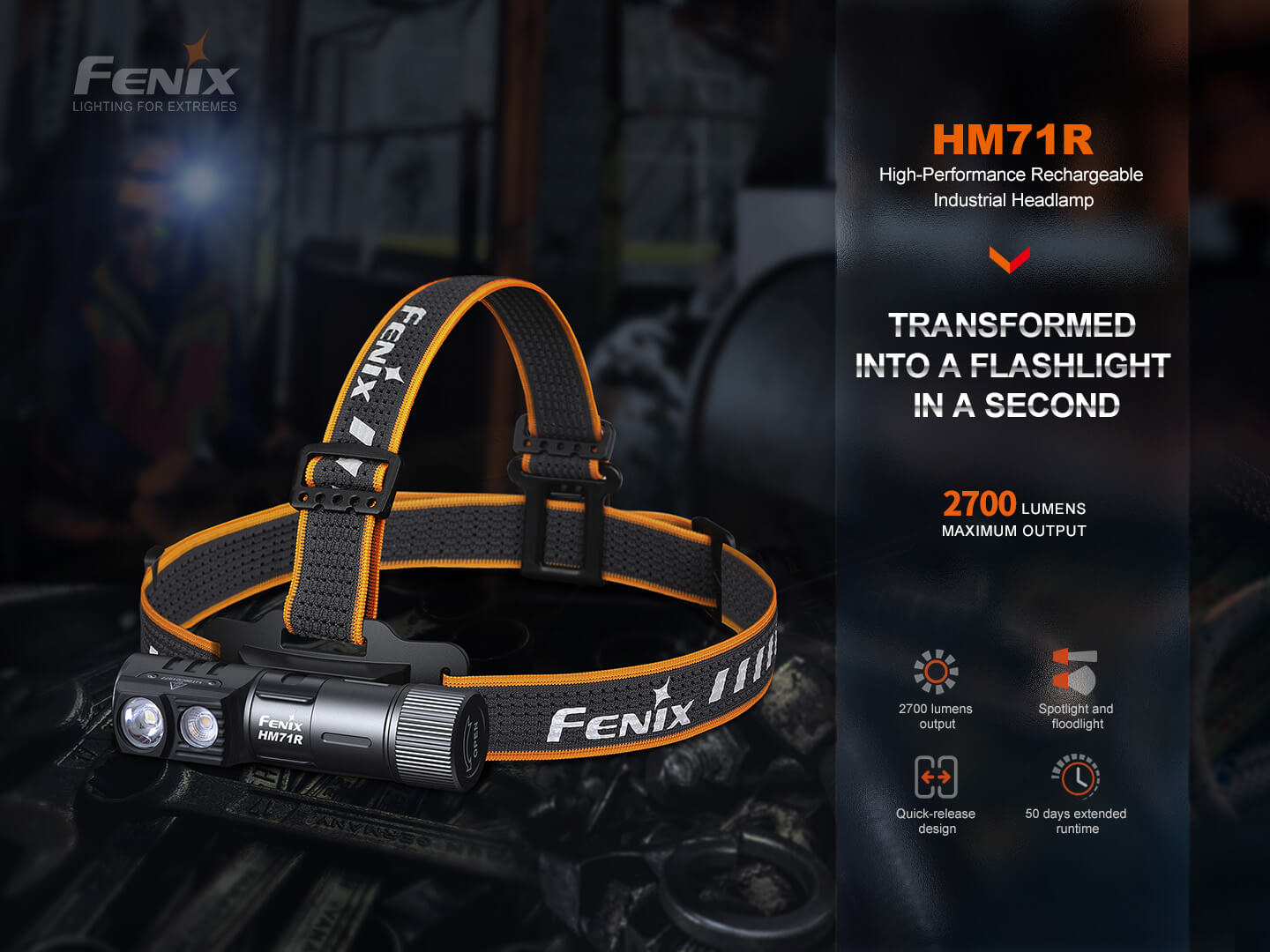 Fenix HM71R Rechargeable Industrial LED Headlamp | Dual LED | 755 ft Spot | IP68
