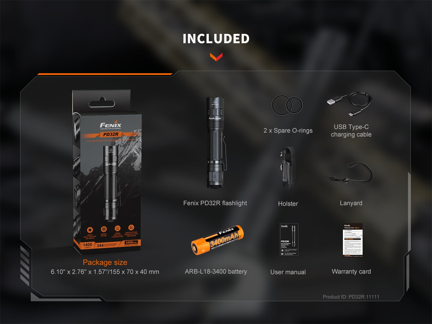 Fenix PD32R Rechargeable Flashlight | 1400 Lumens | Silent Switch | IP68 | USB-C