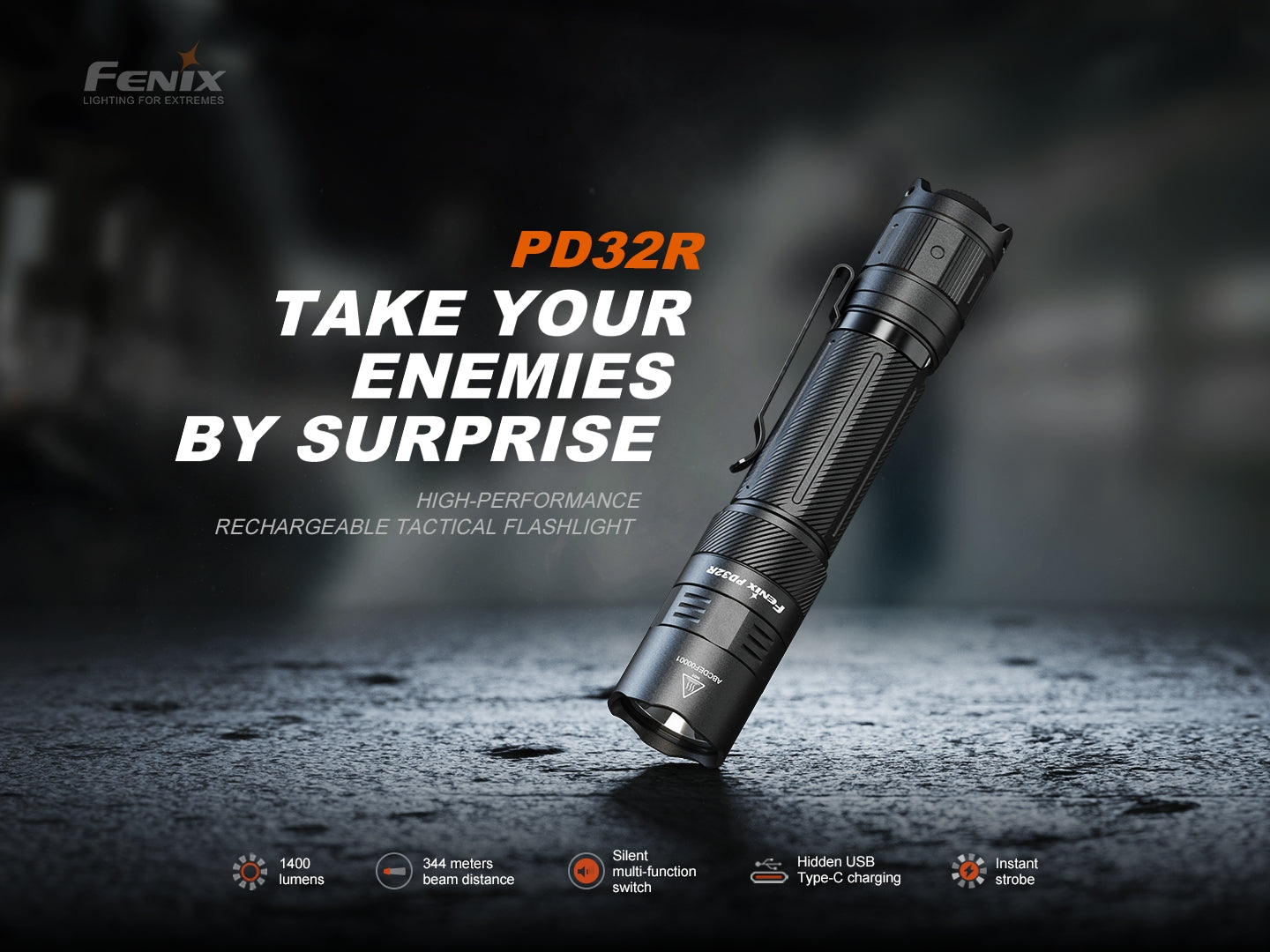 Fenix PD32R Rechargeable Flashlight | 1400 Lumens | Silent Switch | IP68 | USB-C