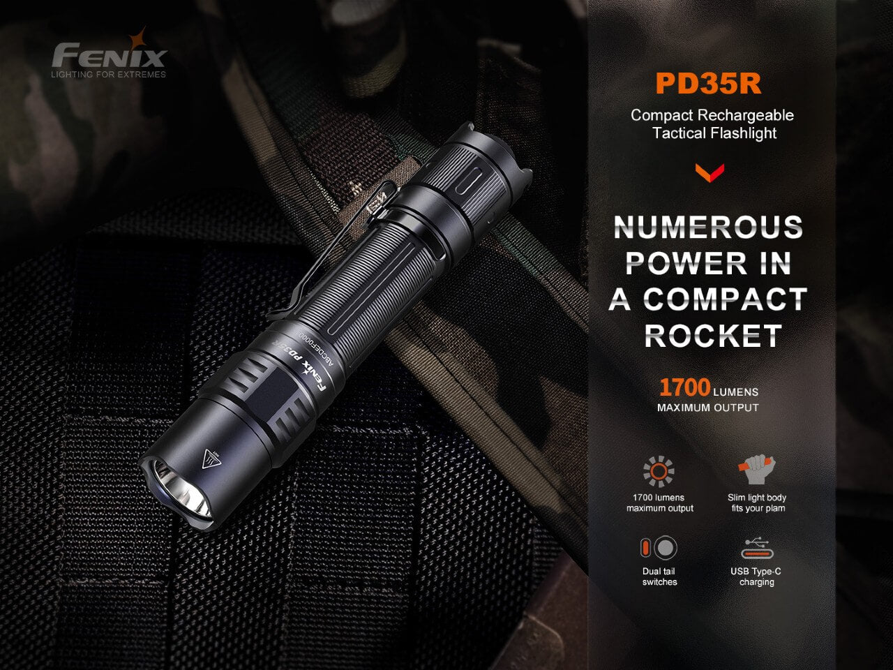 Fenix PD35R Compact Rechargeable Tactical Flashlight | 1700 Lumens | 1100 ft | IP68