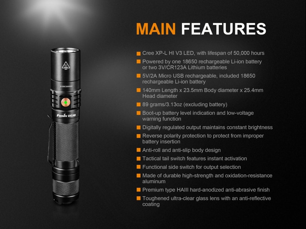 Fenix UC35 V2.0 Rechargeable EDC Flashlight | 1000 Lumens | 872 ft | CREE XP-L HI V3